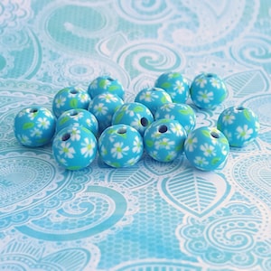 Daisy 10 mm Polymer Clay Beads For Making Jewelry, Round Fimo Beads, Beads for Girls Bracelets, Blue Fimo Beads, Bracelet DIY