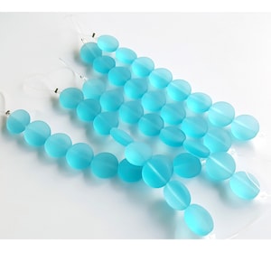 12mm Aqua Blue Sea Glass Coin Puffed Beads/ Beach Glass Coin Puffed Beads/Recycled Glass Beads/Frosted Glass Beads/ Sea Glass Jewelry