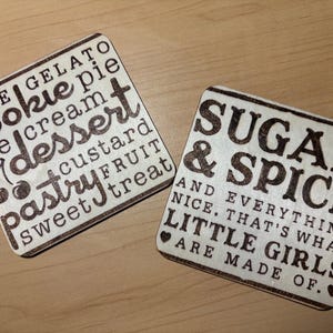 Sweet Treats + Sugar + Spice – Hand-Burned Wood Coaster Set for Dessert Lovers