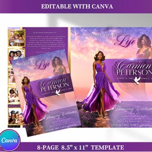 Purple Funeral Program Template: Celebration of Life, Editable Canva (8.5&quot;x11&quot; Bi-Fold, Digital Download