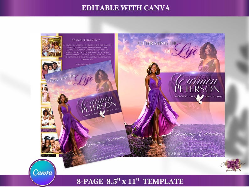Purple Funeral Program Template: Celebration of Life, Editable Canva (8 ...