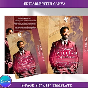 May include: A maroon and gold 8-page template, 8.5" x 11", with the text "Bishop William Anderson Homecoming Celebration" and "Celebrating A Life Of Faith". The template features a portrait of a man in a maroon suit.