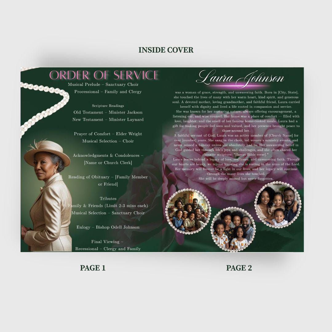 Green & Pink Roses Funeral Program Template: 4-page Bi-fold Obituary ...