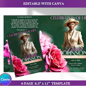 May include: A 4-page funeral program template, 8.5" x 11", with a photo of a woman in a beige suit and hat. The design includes pink roses, the text "Celebration of Life", and the name "Laura Johnson".