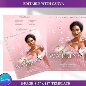 Op de afbeelding: Een roze sjabloon van 8 pagina's met de tekst "Amber Watkins" en "A Legacy of Glamour and Grace". Het ontwerp toont een illustratie van een vrouw in een roze jurk, met een duif en bloemaccenten. De sjabloon is 21,59 cm x 27,94 cm.