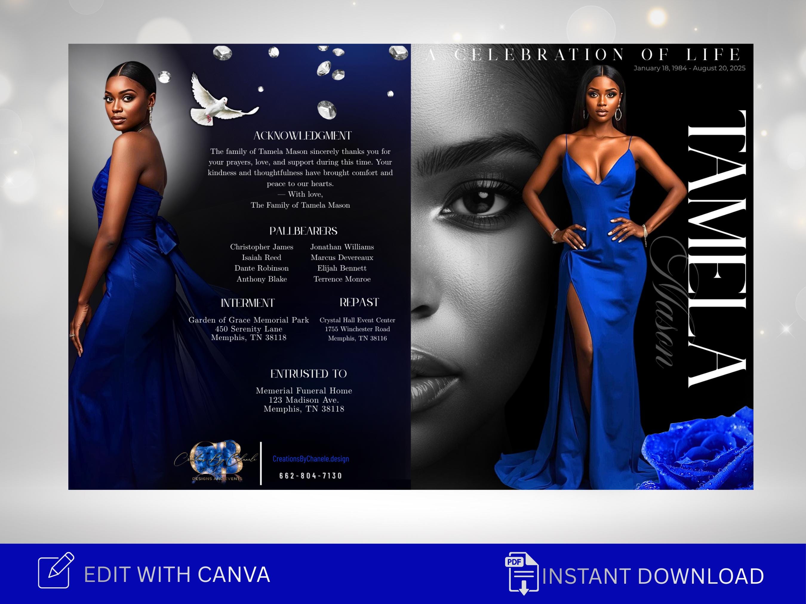 Royal Blue Rose Funeral Program Template | 8.5x11 Bifold- 8 Pages ...