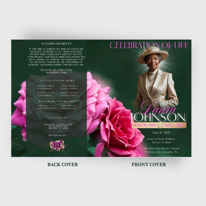 Green & Pink Roses Funeral Program Template: 4-page Bi-fold Obituary ...
