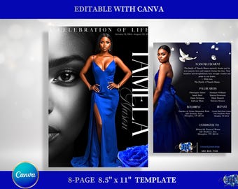 Royal blue Rose Funeral Program Template |  8.5x11 Bifold- 8 Pages | Editable in Canva