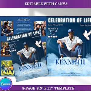 8-Page Blue Funeral Program Template | Heaven’s Newest Star Obituary | Canva Editable Memorial | Celebration of Life, 8.5x11 inch digital