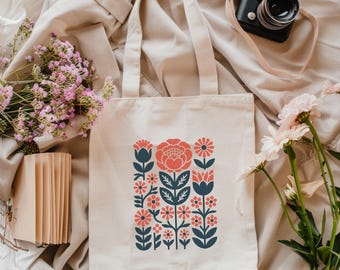 Floral Cotton Canvas Tote Bag: Boho Folk Art Flower Design