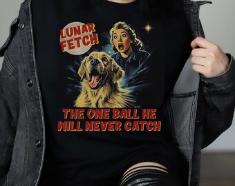 Lunar Fetch Golden Retriever T-Shirt: Retro Sci-Fi Dog Lover Tee