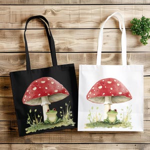 Frog & Mushroom Canvas Tote Bag: Cottagecore Nature Lover Gift