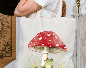 Frog & Mushroom Canvas Tote Bag: Cottagecore Reusable Grocery Bag