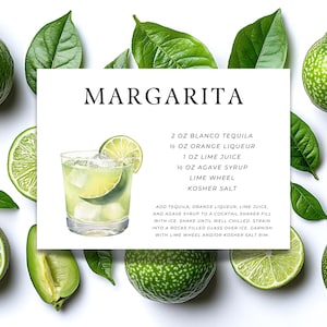 May include: A refreshing margarita cocktail in a rocks glass with a lime wedge garnish, surrounded by fresh limes and green leaves. The recipe card lists ingredients: tequila, orange liqueur, lime juice, agave syrup, and kosher salt.
