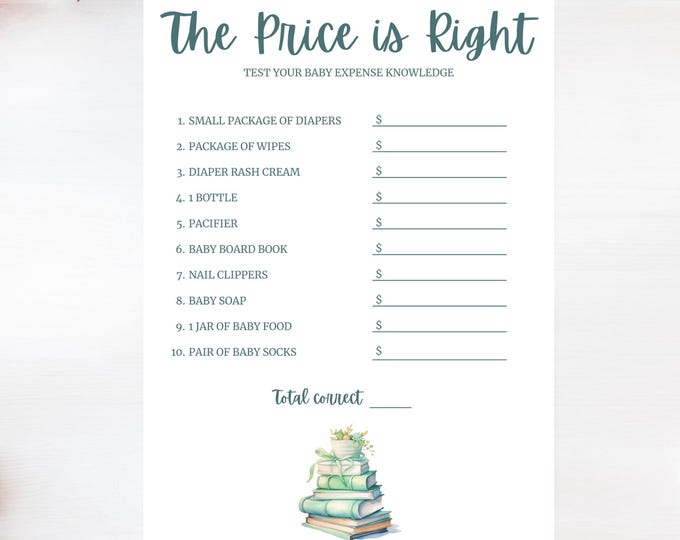 Baby Shower Game- The Price is Right- A New Chapter- Green Books