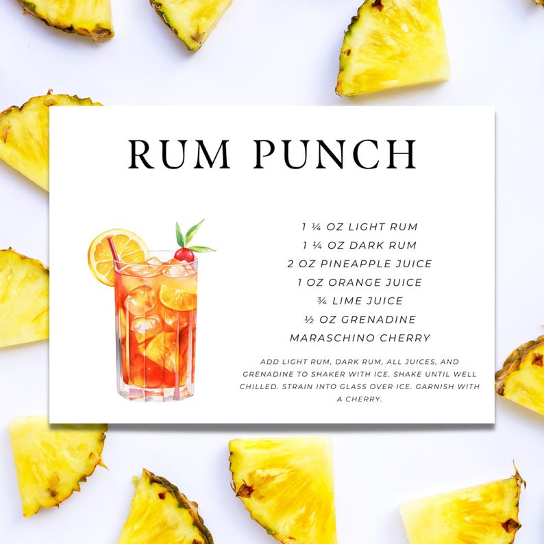 Rum Punch Cocktail Recipe Card | Recipe Card - Etsy
