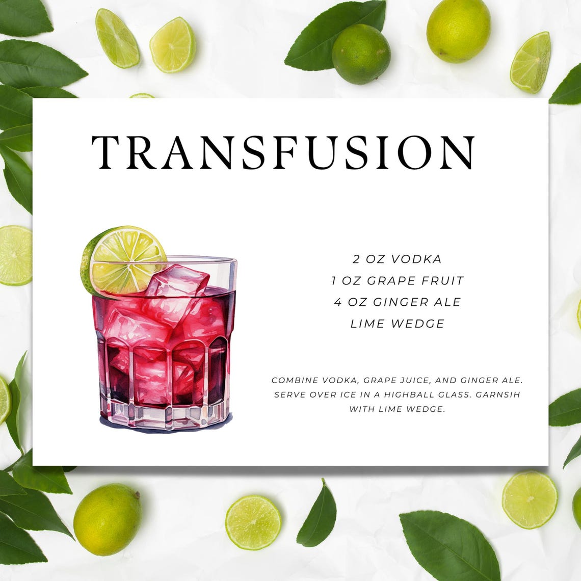 Transfusion Cocktail Recipe Card | 3 Different Sizes Included! - Etsy