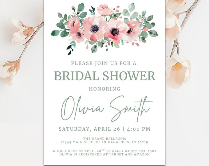 Bridal Shower Invitation including Recipe and Advice Enclosure Cards | Sage and Blush