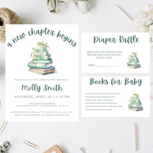 Invitation baby shower comprenant une tombola de couches et un livre pour cartes de visite pour bébé | Un nouveau chapitre commence