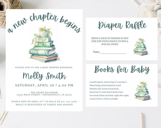 Baby Shower Invitation including Diaper Raffle and Book for Baby Enclosure Cards | A New Chapter Begins