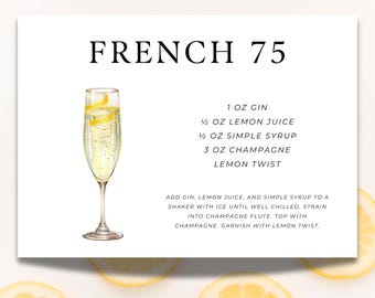 French 75 Drink Recipe Card | 3 Different Sizes Included!