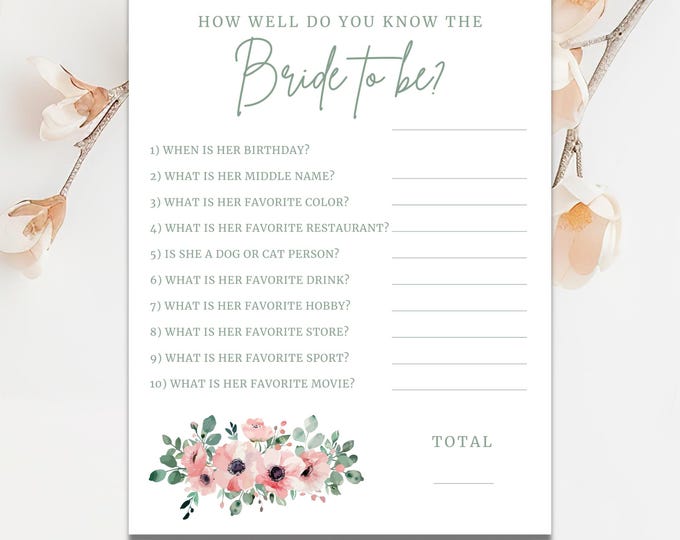 Bridal Shower Game | How Well Do You Know the Bride? | Sage and Floral