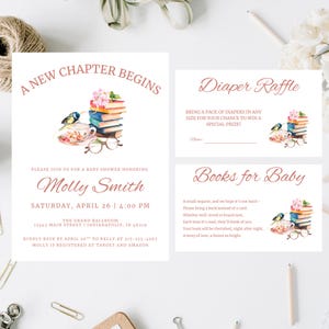 Invitation baby shower comprenant une tombola de couches et un livre pour cartes de visite pour bébé | Un nouveau chapitre commence