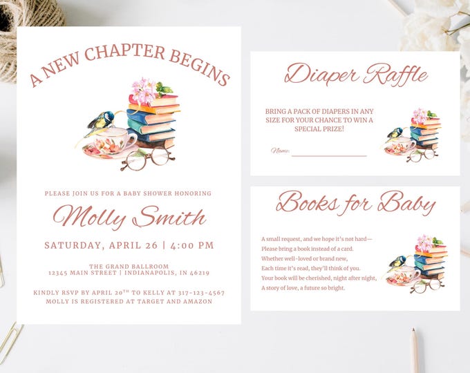 Baby Shower Invitation including Diaper Raffle and Book for Baby Enclosure Cards | A New Chapter Begins