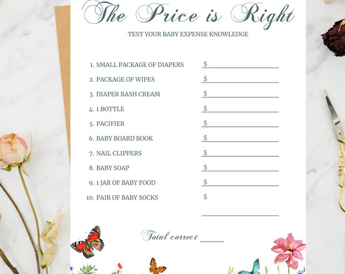Baby Shower Game- The Price is Right- Butterfly Kisses and Baby Wishes