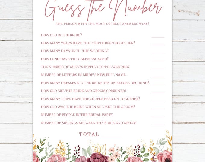 Bridal Shower Game | Guess the Number | Mauve Floral