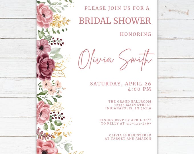 Bridal Shower Invitation including Recipe and Advice Enclosure Cards | Mauve Floral