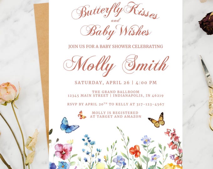 Baby Shower Invitation including Diaper Raffle and Books for Baby Enclosure Cards- Butterfly Kisses and Baby Wishes