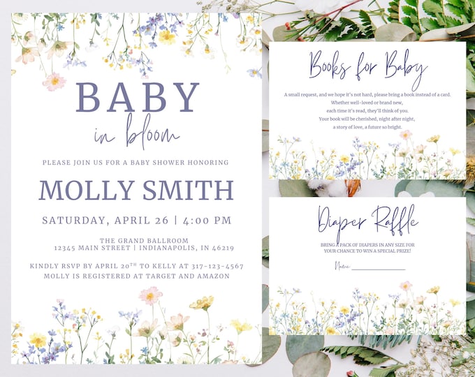 Baby Shower Invitation including Diaper Raffle and Book for Baby Enclosure Cards | Widlflower Blooms