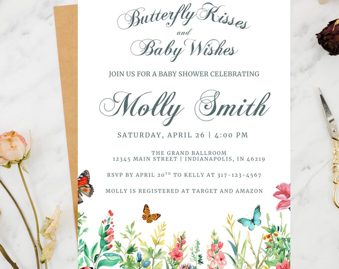 Baby Shower Invitation including Diaper Raffle and Books for Baby Enclosure Cards- Butterfly Kisses and Baby Wishes