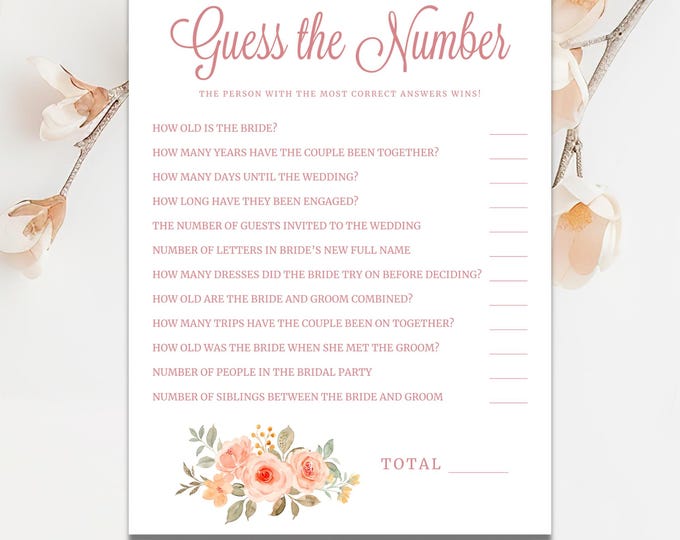 Bridal Shower Game | Guess the Number | Peach Dreams