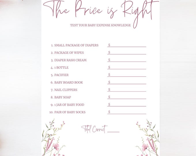 Baby Shower Game- Price is Right- Baby in Bloom- Pink Blooms