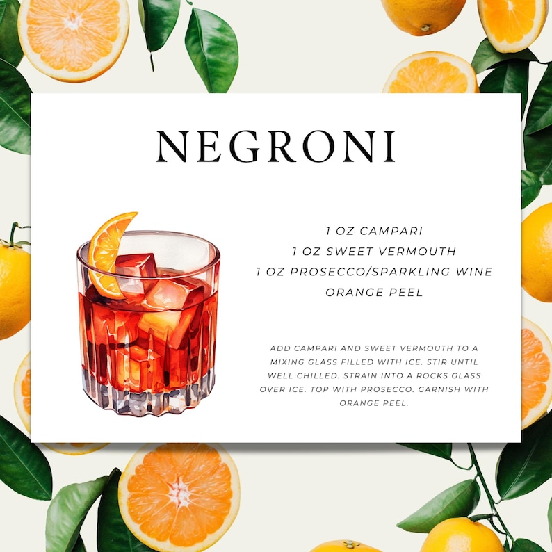 Negroni Cocktail Recipe Card | 3 Different Sizes Included! - Etsy