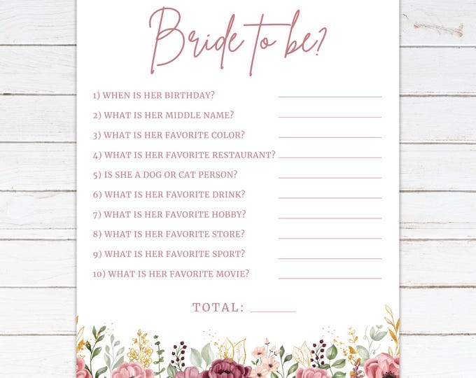 Bridal Shower Game | How Well Do You Know the Bride? | Mauve Flowers
