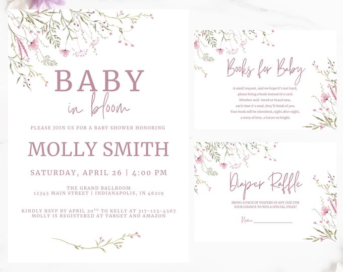 Baby Shower Invitation including Diaper Raffle and Books for Baby Enclosure Cards | Pink Blooms