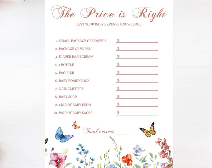Baby Shower Game- Price is Right- Butterfly Kisses and Baby Wishes
