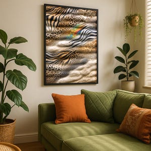 May include: A framed artwork featuring a collage of animal print patterns, including zebra stripes, leopard spots, and giraffe patterns. The artwork has a black frame and is displayed on a beige wall. A rainbow-like effect is visible in the center.