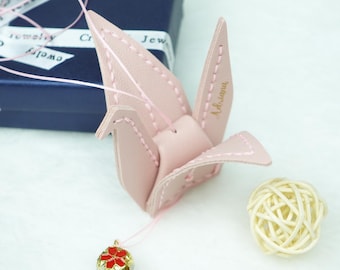 Custom Leather Origami Crane Car Ornament: Hand-stitched, Gift Box