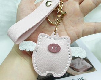 Custom Pink Flying Pig Leather Keychain: Hand-stitched, Gift Box