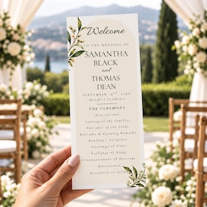 Wedding Program Template, Botanical Greenery Wedding Ceremony Program, 4 x 9 Wedding Itinerary Template, Printable Wedding Day Guide, Canva