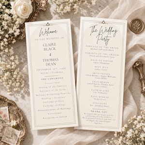 Puede incluir: Dos tarjetas de programa de boda color crema con texto negro y un diseño de arco. La tarjeta izquierda dice Welcome to the wedding of Claire Black and Thomas Dean, September 18th, 20XX, Miami, Florida. La derecha enumera The Wedding Party.