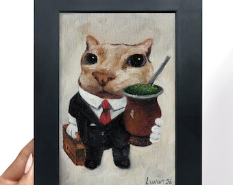 Funny Business Cat with Chimarrão Original Oil Painting