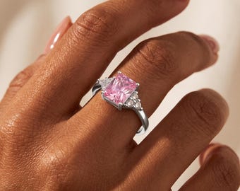 Ring van 925 sterling zilver met roze steen, verstelbare rechthoekige ring, verfijnd sieraad met geboortesteen, minimalistische verlovingsring, cadeau voor haar