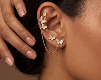 Gouden vlinderoorclipjes, 2-in-1: subtiele oorclip en oorstekers, elegante damessieraden, minimalistisch cadeau voor haar