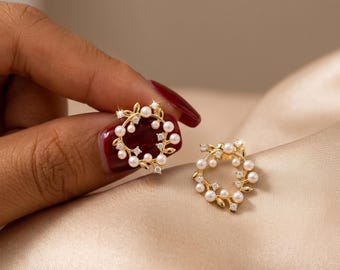 Gouden parelkrans oorbellen voor dames, delicate kristallen oorknopjes, bruidssieraden, cadeau voor bruidsmeisjes, cadeau voor haar
