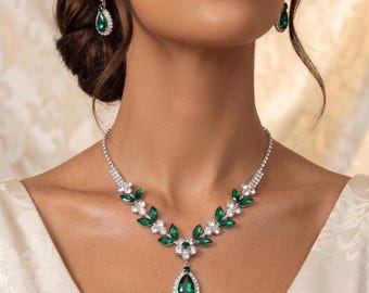 Sieradenset van 925 sterling zilver, ketting met smaragdgroen bladmotief, bijpassende oorbellen, minimalistische bruidssieraden, cadeau voor haar